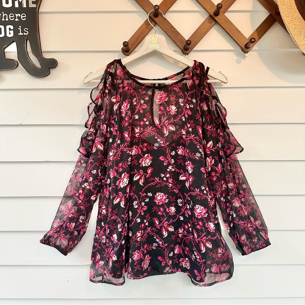 OLD Navy Black Rose Floral Cold Shoulder Top